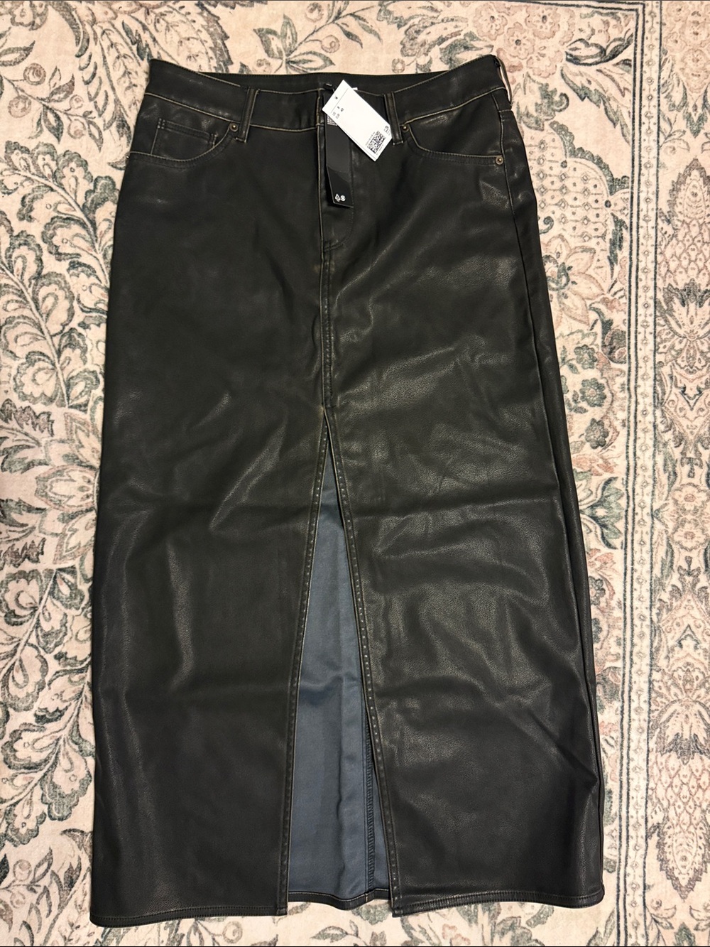 H&M Black Faux Leather Midi Skirt with Front Center Slit